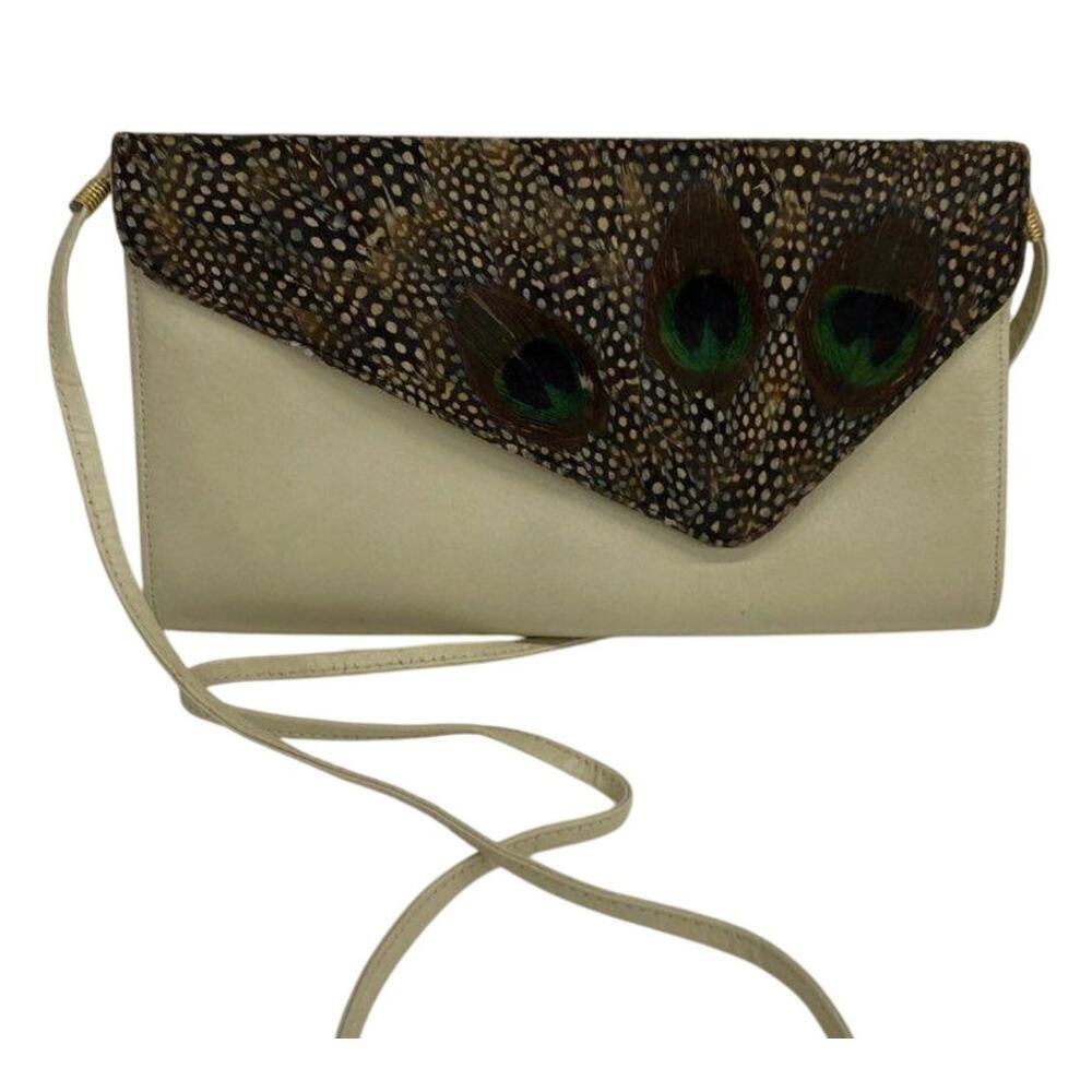 Vintage Cream Leather Crossbody w/ Peacock Feathers